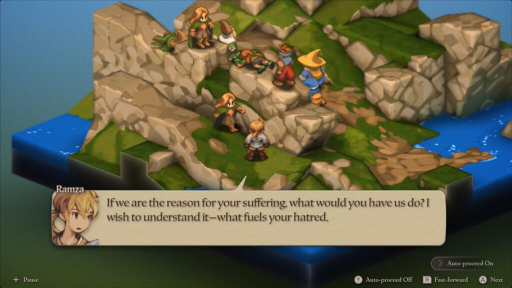 a screencap from Final Fantasy Tactics. it features a young nobleman saying, "If we are the reason for your suffering, what would you have us do? I wish to understand it—what fuels your hatred."
