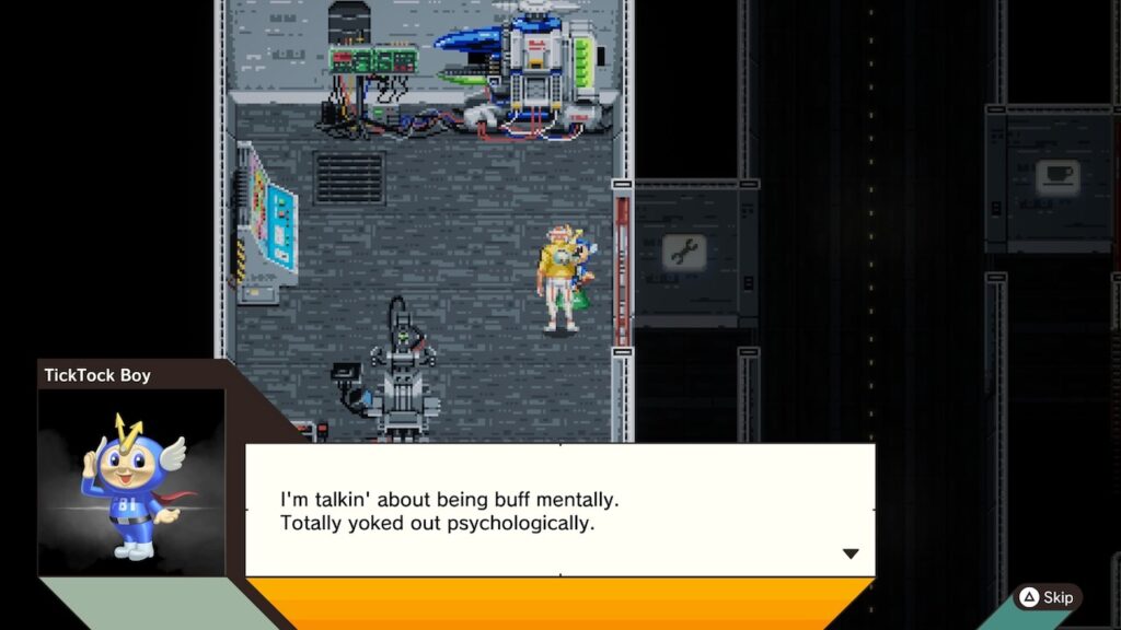 a screenshot from the video game Romeo is a Deadman. in its retro video game visual style, FBI Agent TickTock Boy, who is a statue of a mascot character, says, "I'm talkin' about being buff mentally. Totally yoked out psychologically."