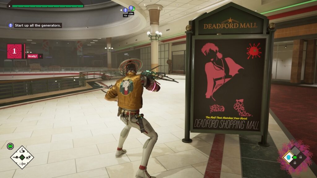 a screenshot of the video game Romeo is a Deadman. in it, Romeo stands in a shopping mall next to an ad that is rendered in a high-contrast style with black and pink