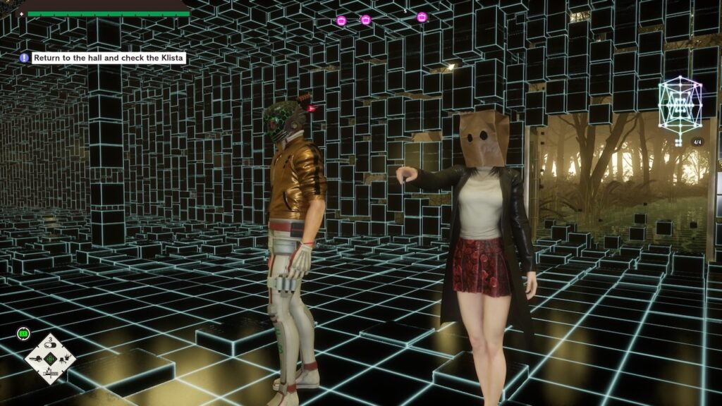 a screenshot from the video game Romeo is a Deadman. rendered in a fairly realistic style, Romeo and an NPC with a paper bag over her head stand inside an area made of plain black blocks and blue lines. in the distance, a forest.