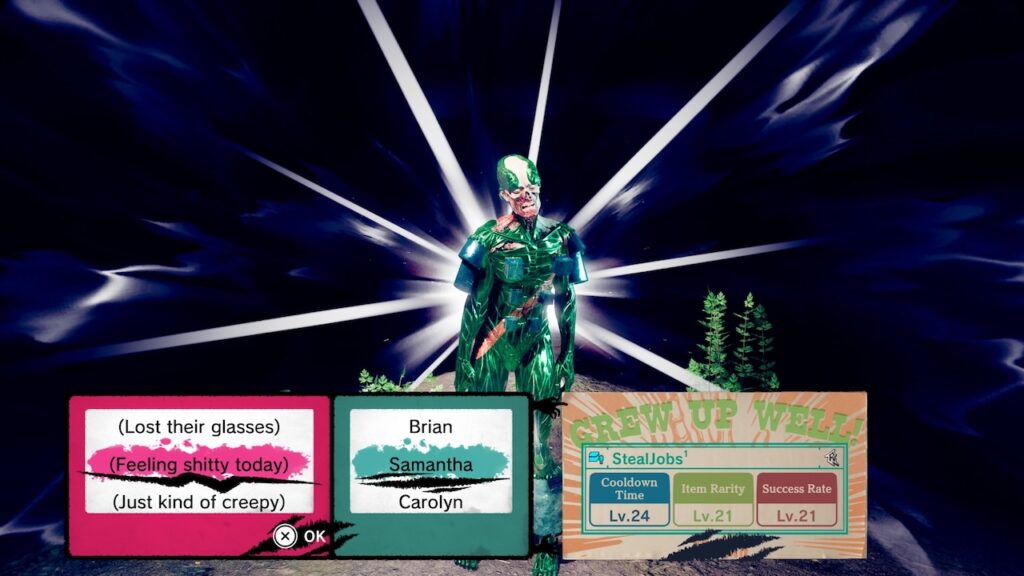 a screenshot from the video game Romeo is a Deadman. it features a zombie character named Feeling Shitty Today Samantha, who has the skill StealJobs.