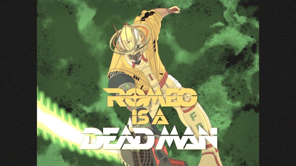 a title card for the video game Romeo is a Deadman. it is styled after a Mobile Suit Gundam title card.