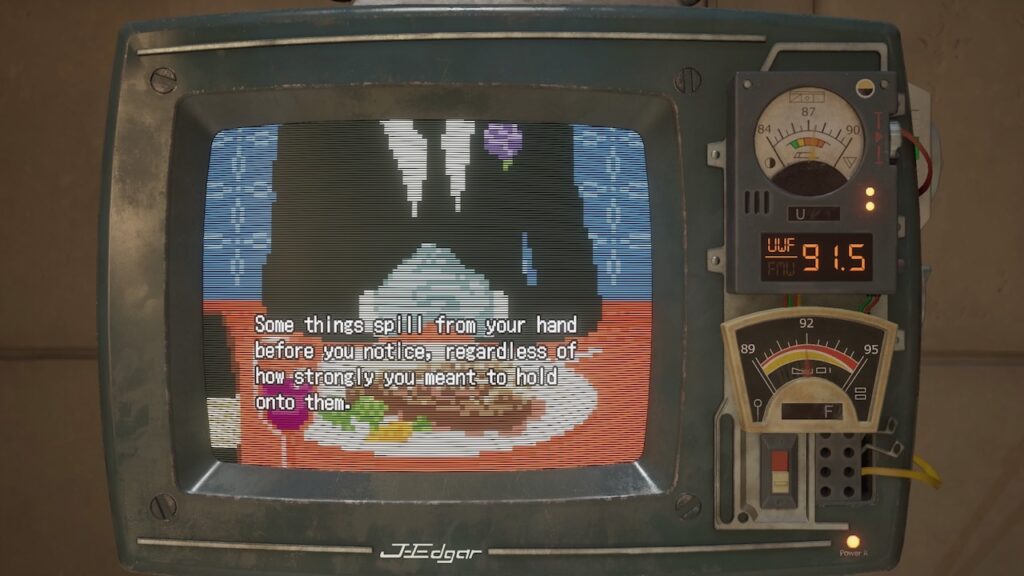 a screenshot from the video game Romeo is a Deadman. It features an old-time television, which displays a man eating a steak. the text says, "Some things spill from your hand before you notice, regardless of how strongly you meant to hold onto them."