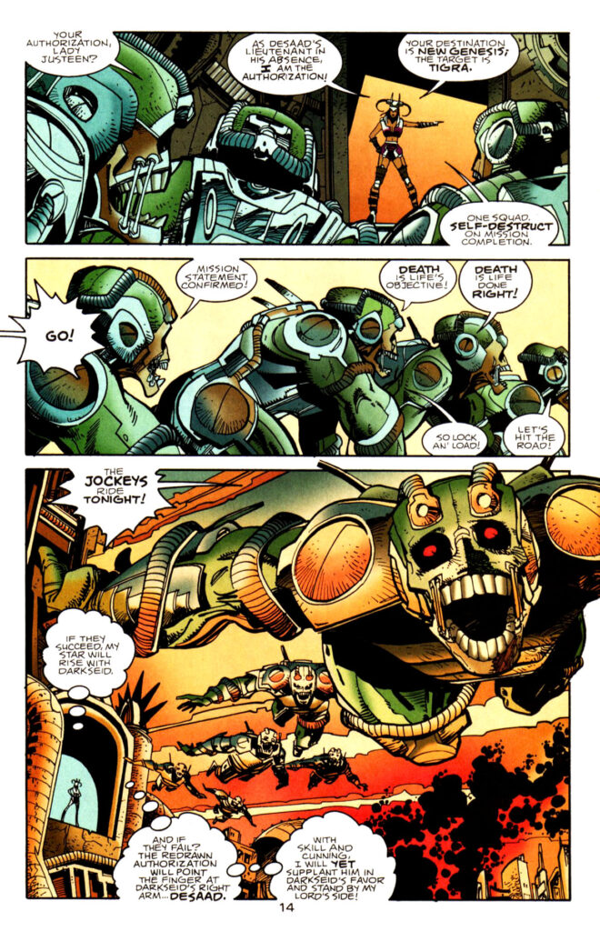 a page from Walter Simonson's Orion. In it, a villain sends a group of expendables known as the Suicide Jockeys to kill a target and destroy themselves. The squad chants, "Death is life's objective! Death is life done right! So lock an' load! let's hit the road! The jockeys ride tonight!"