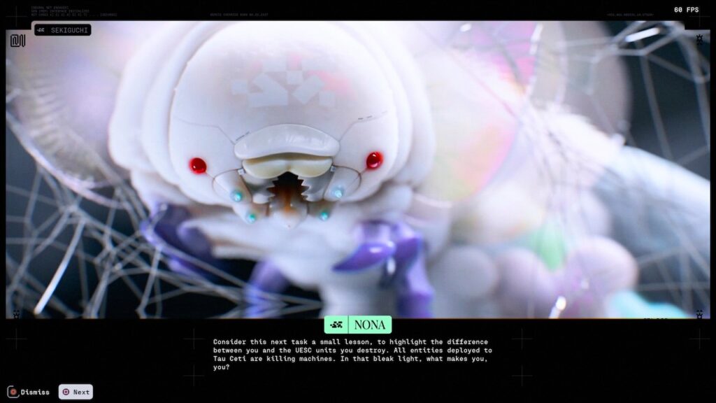 in a screenshot from the game Marathon, an evil corporate moth says, "Consider this next task a small lesson, to highlight the difference between you and the UESC units you destroy. All entities deployed to Tau Ceti are killing machines. In that bleak light, what makes you, you?"