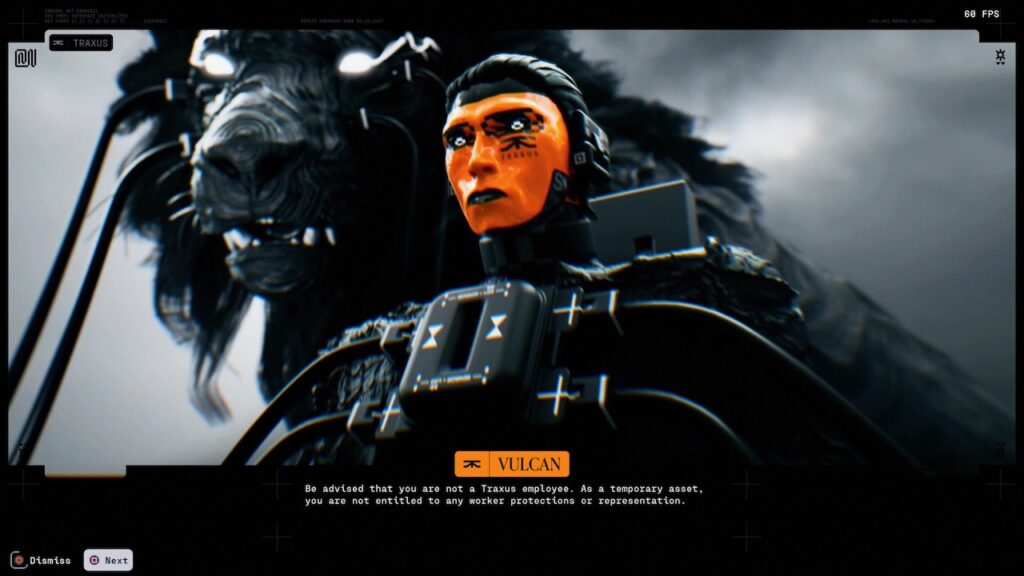 in a screenshot from the game Marathon, an evil corporate overlord says, "Be advised that you are not a Traxus employee. As a temporary asset, you are not entitled to any worker protections or representation."