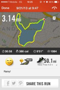 A screenshot of results from a running app, documenting a 5k run around Lake Merritt in 2013. The run was completed at 0947 on 9/21/13, with a time of 30:58 and a 9:51 pace.